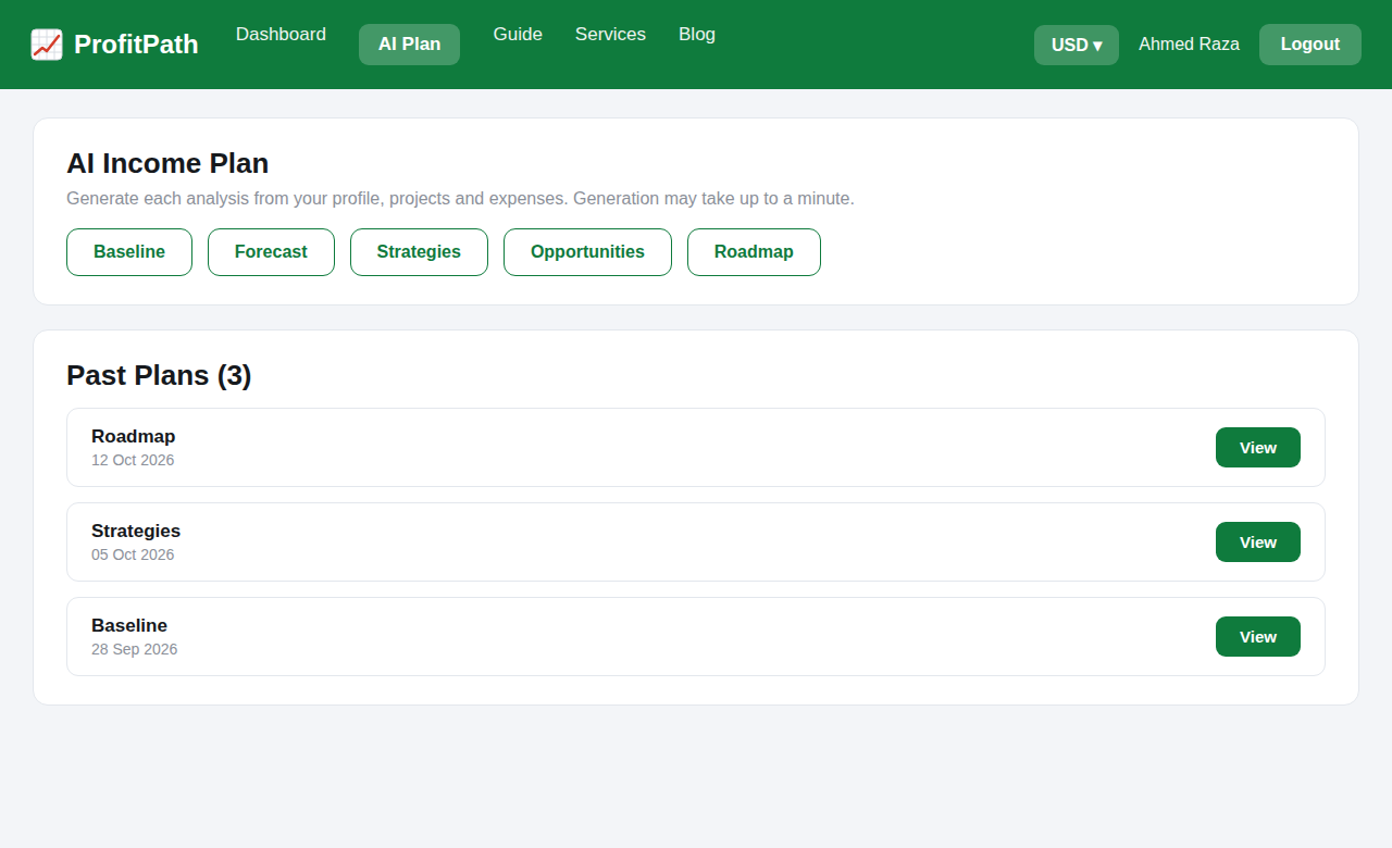 ProfitPath AI income plan page