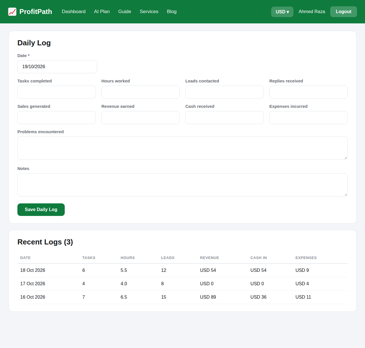 ProfitPath daily log entry form